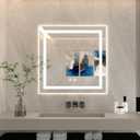 28 X 28 Inch Square LED Bathroom Vanity Mirror, 3 Colors Light Dimmable, Wall Mounted Memory Lighted Makeup Mirror with Anti-Fog Touch Switch (Front-lit&Backlit)