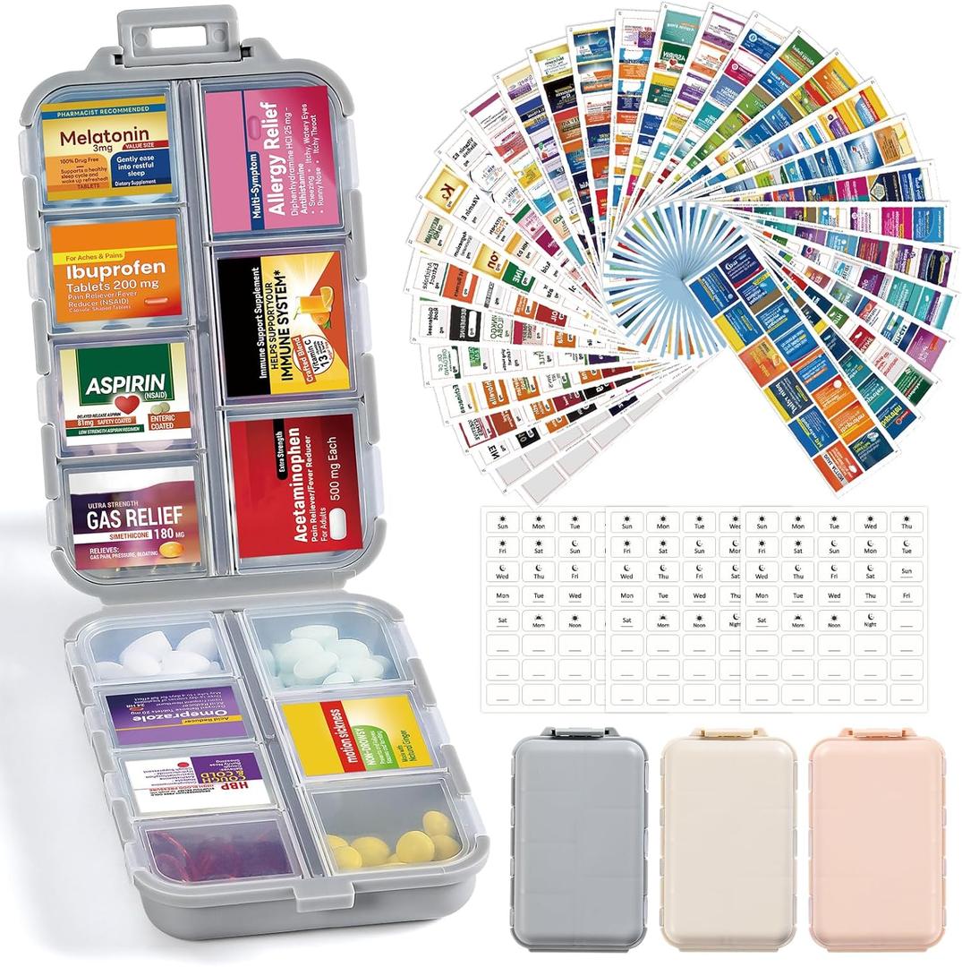 3 Pack 14 Grids Travel Pill Organizer Box with 415-Pcs Medicine Name Labels - Pocket Daily Pharmacy Case Container Kit - Travel Medication Holder Dispenser for Fish Oil Vitamin Supplement Storage (Khaki+pink+grey)