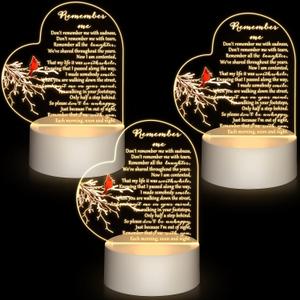 Roowest 3 Pack Sympathy Gift Memorial Night Light Gifts for Loss of Loved One Remember Me Acrylic Heart Sign with USB Charging Base Crystal Glass Heart Bereavement Condolence Present 4.7 x 6.3 Inch