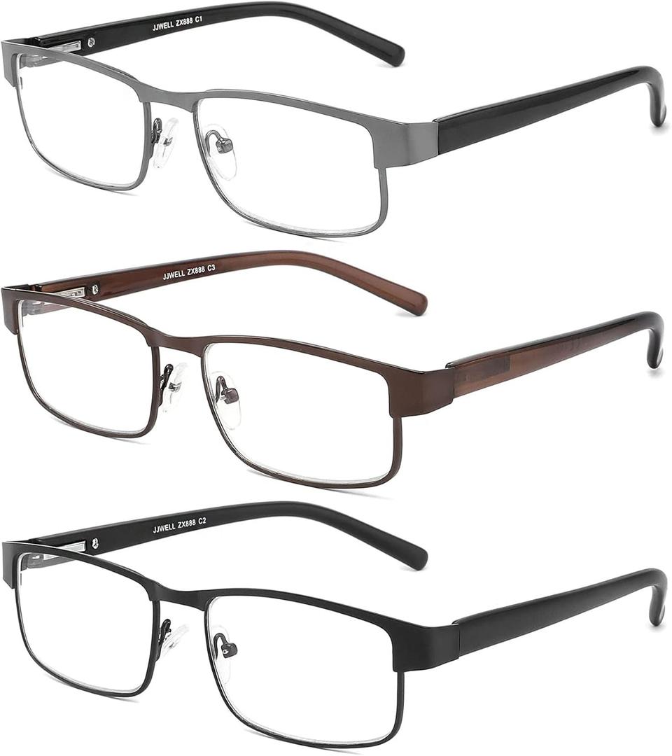 JJWELL 3 Pack Blue Light Blocking Metal Reading Glasses for Men, Anti Computer Glare/Reduce Eyestrain/Dry/Headache, UV Blocking Spring Hinge Readers (Gunmetal Black Brown, 1.75 x)