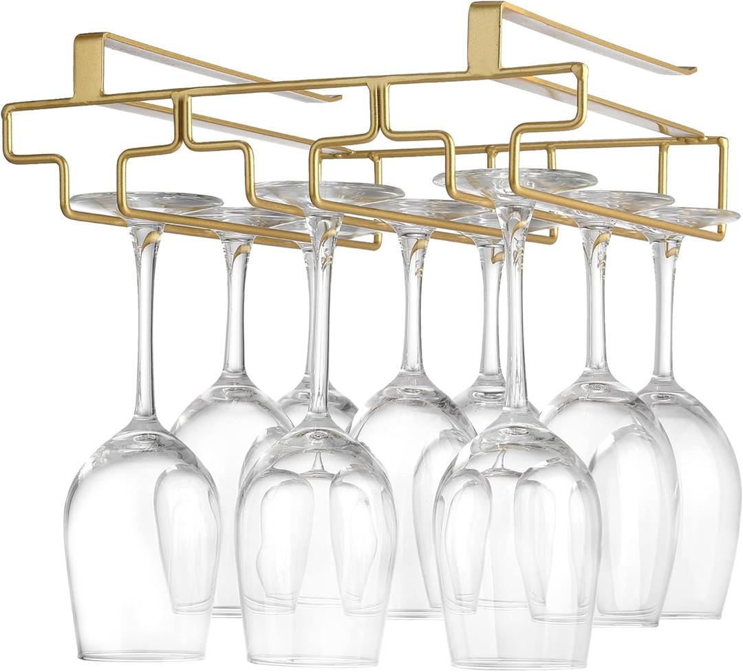 Wine Glass Rack Under Cabinet, Drilling Free No Screw Steamware Holder Under Shelf Metal Wine Glasses Holders 304 Stainless Steel Hanger Storage Organizer Hanging Glass Fit for Bar Kitchen 3 Rows Gold