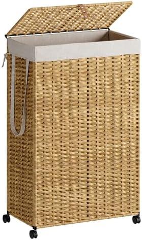 Rolling Laundry Hamper with Wheels and Lid, 90L Slim Laundry Basket with Removable Bag, Foldable Handwoven Rattan Laundry Sorter, Narrow Dirty Clothes Basket Organizer, No Assembly, Natural