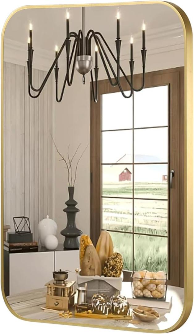 FARMER 16x20 Inch Gold Bathroom Mirror, Rectangle Vanity Mirror, Brushed Mirrors for Wall, Metal Frame Hanging Mirror with Round Corner for Bedrooms, Entryways, Living Rooms, Horizontal/Vertical