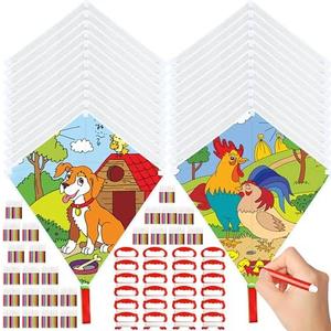 Binary Dust DIY Kite Making Kit - Blank Diamond-Shaped Kite, White, Comes With Watercolor Pens and 164 ft String for Outdoor Activities, 46 pieces
