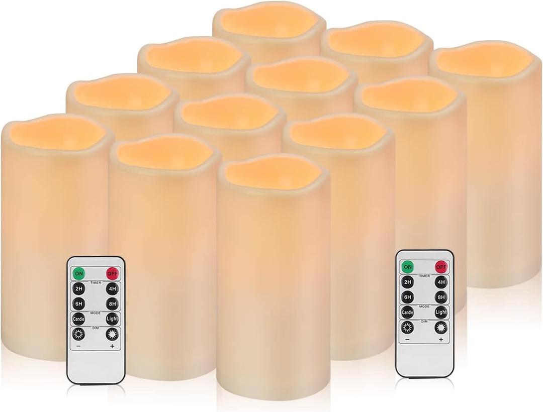 12Pcs Flickering Flameless Candles Waterproof Large (D 3" x H 6") LED Candles, Fake Pillar Outdoor Indoor Battery Operated Candles with Remote for Home/Wedding/Christmas/Holiday Dcor