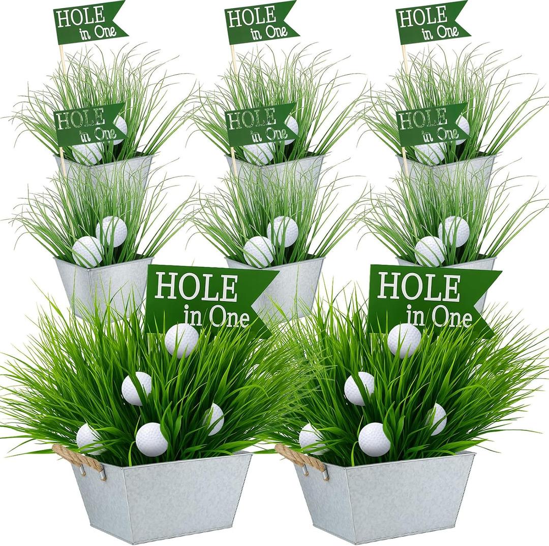 8 Set 162 Pcs Golf Party Table Decorations Sport Themed Party Centerpieces Includes 8 Metal Bucket 24 Mini Golf 120 Artificial Grass 8 Flags and 2Flower Mud for Sport Birthday Decor(Square)