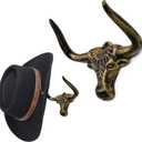 Cowboy Hat Hooks for Wall 2 Pack Bull Head Metal Cowboy Hat Holder Rack Cast Iron Hanger Vintage Western Decor Longhorn Hooks Gold Wall Decor Animal Hooks for Closet Bedroom Living Room Western Gifts