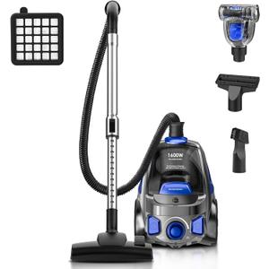 PKUYIE Canister Vacuum Cleaner, 32Kpa 1600W Bagless Vacuum Cleaner, Dust Full Indicator, H13 HEPA Filter, 3.7Qt Large Capacity, Lightweight Vac for Hard Floors, Carpet, Pet, Upholstery, Blue