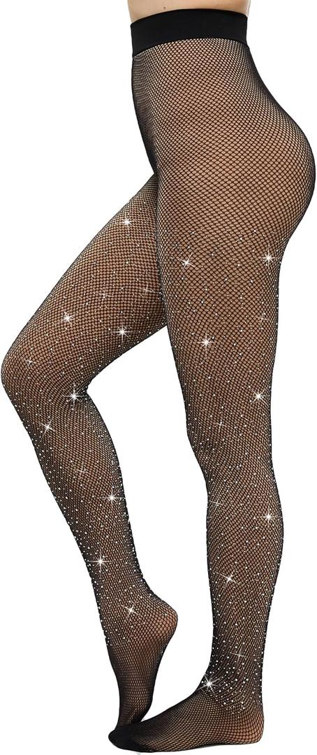 Fleece Lined Tights Women Pantyhose Leggings Sheer Warm Thermal Thick Fake Translucent Tights for Winter (XX-Large, Rhinestone Mesh)