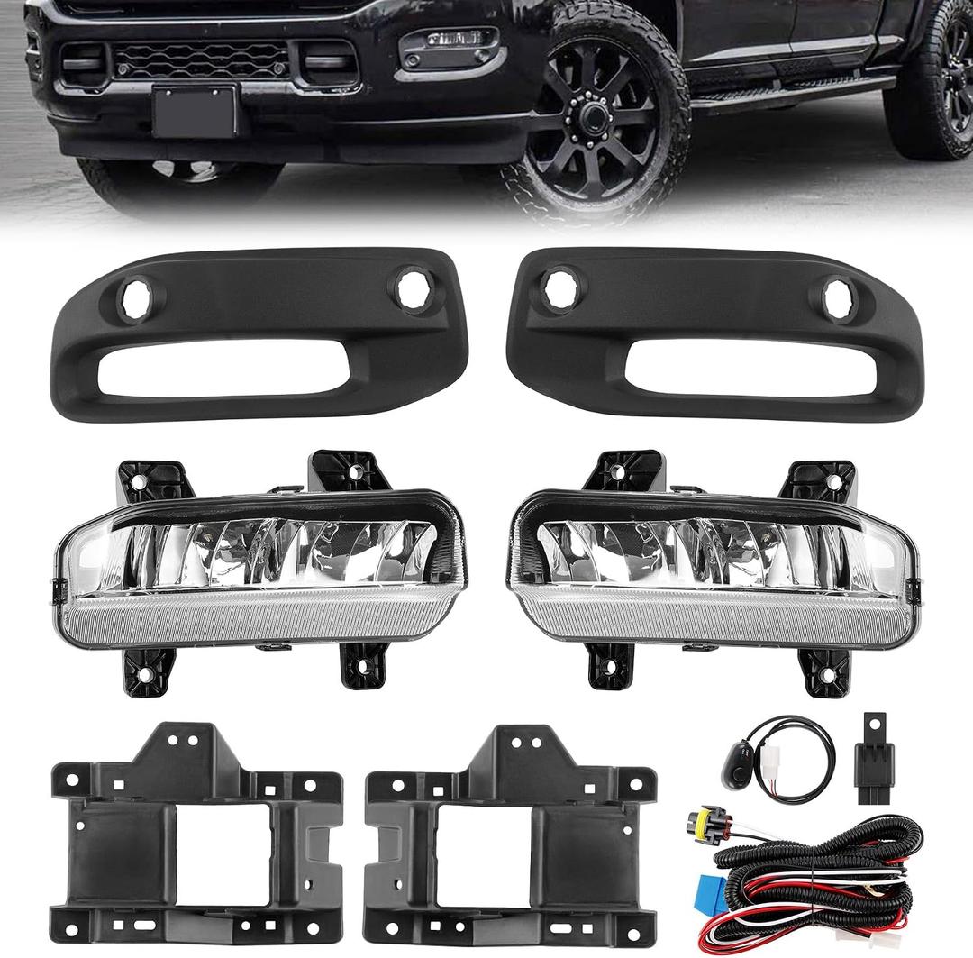 LED Fog Lights Compatible with 2019-2022 Dodge Ram 2500 3500, Front Bumper Fog Lamp Assembly Kit with Brackets, Switch & Wiring Harness, Replaces OE 68273291AB 68273292AB