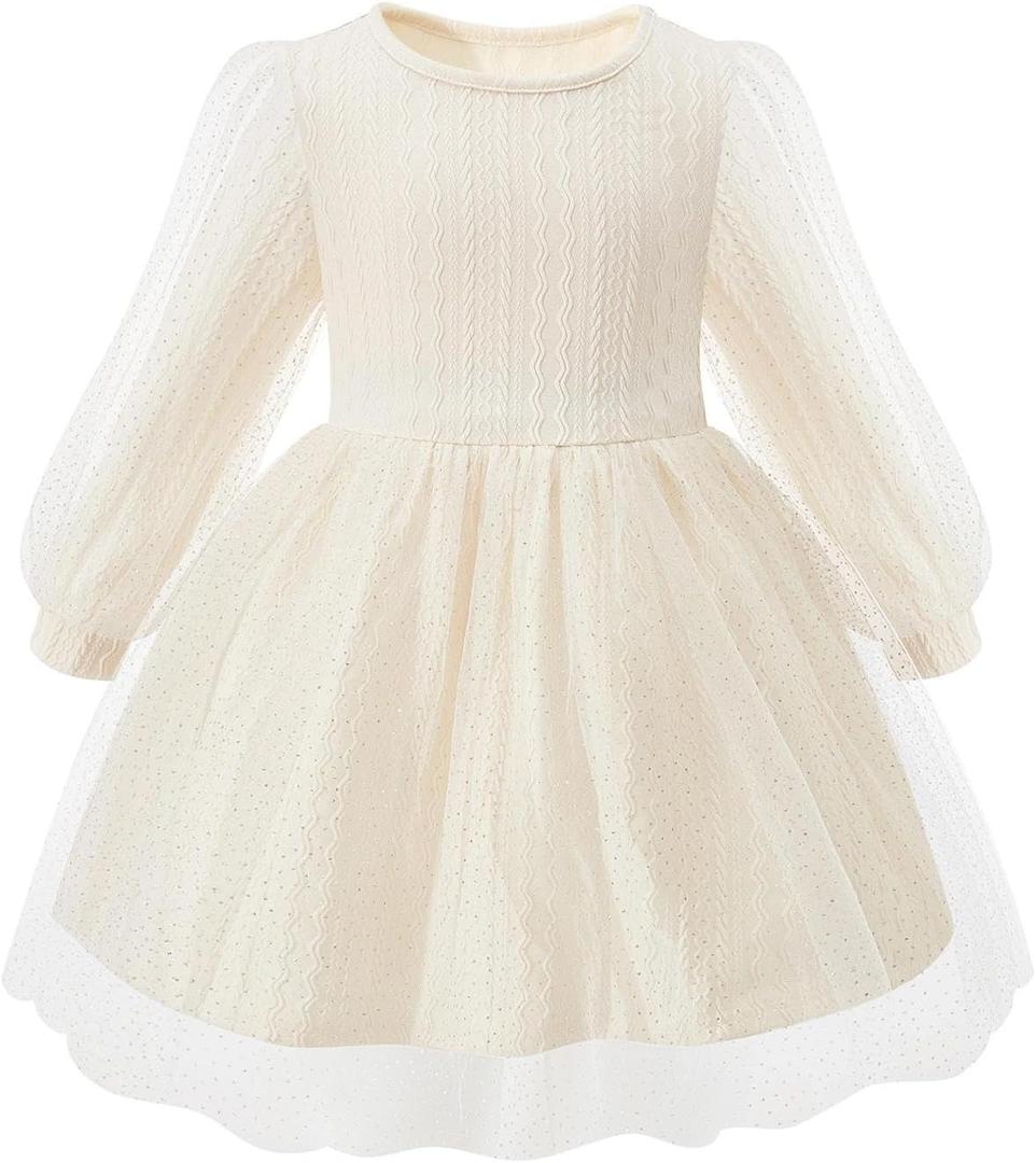 Little Bitty Girls Long Sleeve A-Line Tulle Princess Dress, Midi Length Casual Party Ribbed Knit Top Tulle Skirt 4-13 Years (White)