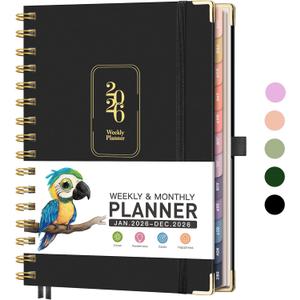 RETTACY 2026 Planner, Weekly and Monthly, Medium Size (5.7" x 8.3"), Jan - Dec 2026, Agenda, Calendar, 12 Month Tabs, Hardcover, 100 GSM Thick Paper, Spiral-bound (Black)