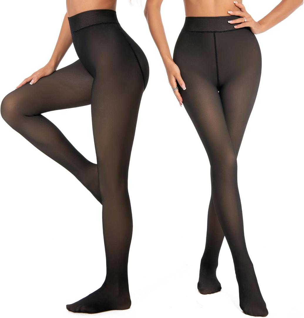 Nackiy Fleece Lined Tights Women, Fake Translucent Warm Pantyhose Black Sheer Leggings Winter Thick Thermal Stockings (Large-X-Large)