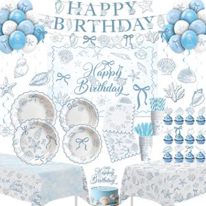 Seashell Party Decorations for Summer Beach Birthday Turned Pretty, Blue Bow Seashell Birthday Party Supplies, Plate, Cup, Napkin, Banner, Tablecloth, Topper, Swirl, Backdrop, Cutlery, Serve 24