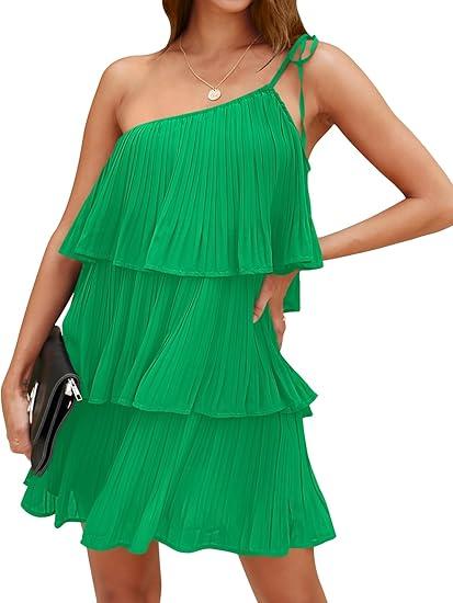 DEEP SELF Women's Summer One Shoulder Ruffle Mini Dress Casual Tiered Chiffon Pleated Flowy Short Dresses (Light Green, Medium)