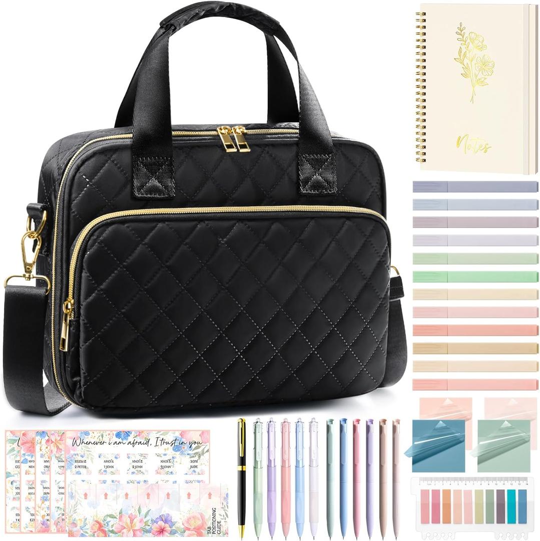 Bible Cover Case for Women, Large Bible Bag Bible Study Supplies Accessories Journaling Kit with Highlighters Tabs, Quilted Book Carrying Cases with Shoulder Strap, Christian Easter Gifts for Women,11.8"L x 8.5"W