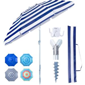 Tempera Heavy Duty High Wind Beach Umbrella with Sand Anchor & Carry Bag | Patio Outdoor Umbrella with Aluminum Frame and Push Button Tilt, Ideal for Travel Garden Lawn, UPF 60+