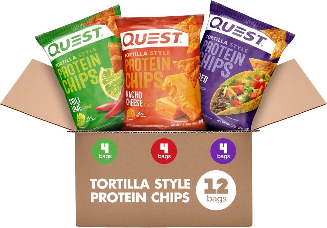 Quest Nutrition Tortilla Style Protein Chips Variety Pack, Chili Lime, Nacho Cheese, Loaded Taco, Low Carb, High Protein, Gluten Free, 1.1 oz (Pack of 12) BB Date: 8/21/26, BB Date: 9/3/26, BB Date: 8/25/26