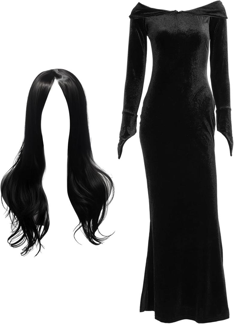 Sureio Morticia Addam Costume Women Dress Halloween Witch Costume V Neck Long Sleeve Bodycon Dress Black Wig Addam Cosplay (Medium)
