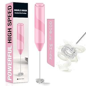 Double Whisk Milk Frother, Handheld Electric Blender stick, Drink Mixer with Food Grade Stainless Steel Stirrer, Battery Operated Foam Maker for Coffee, Cappuccino, Frappe, Matcha, Hot Chocolate Latte (Pink)
