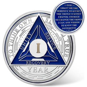 Recovery Triangle 1 Year Sobriety Coin - Silver Roman Numeral NA AA Coins - 1-40 Prime NA/HA/AA Chips and Medallions - Narcotics Alcoholics Anonymous Sober Gifts for Men Women