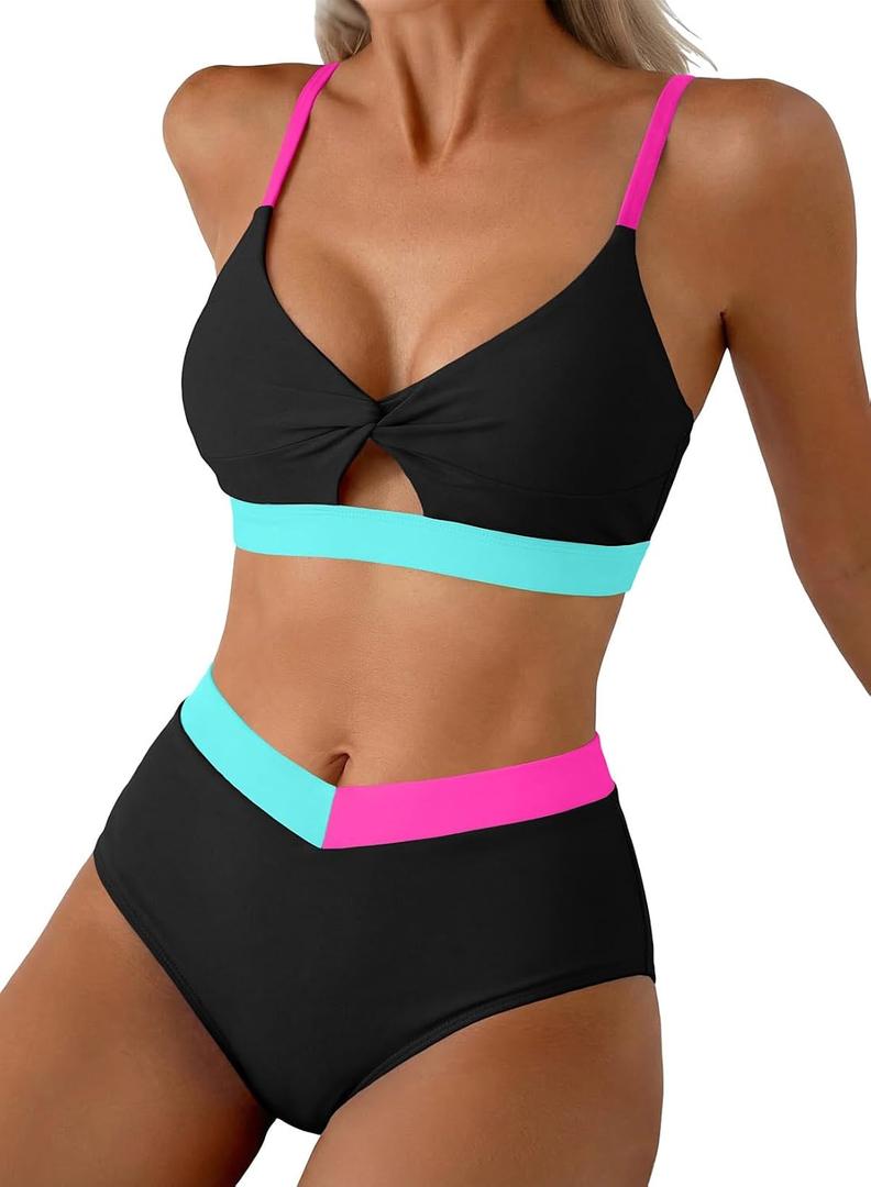 Herseas Women's Bikini Sets Twist Color Block Swimsuits 2 Piece High Waisted Bathing Suit Swim Suits 2026 Beach Wear (M)
