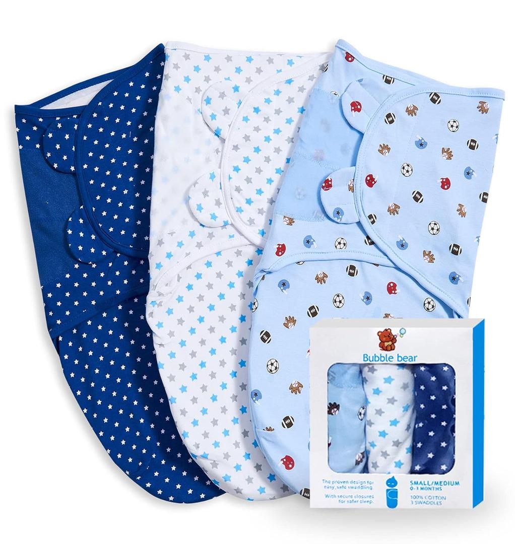 Bubble bear 3 Pack Baby Swaddle 0-3 Months - Infant Adjustable Newborn Swaddles Blanket Baby Girl Boy, Swaddling Wrap Blanket Sleep Sack for Newborn-Blue