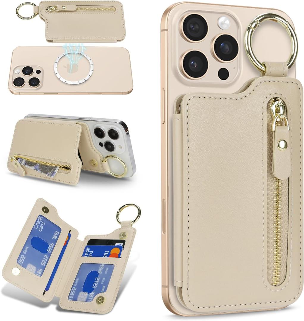 Cavor Compatible with MagSafe Wallet,Magnetic Wallet for iPhone 17/16 Pro Max/15 Pro/14 Plus/13/12 Series,Magnetic Card Holder with Adjustable Stand,Mag Safe Phone W allet Zipper-Beige