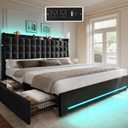 YITAHOME King Size Bed Frame, 4 Drawers and RGB LED Light,Charging Station | Velvet Upholstered Platform Bed with Storage Headboard, No Box Spring Needed, Easy Assembly, Noise-Free, Black