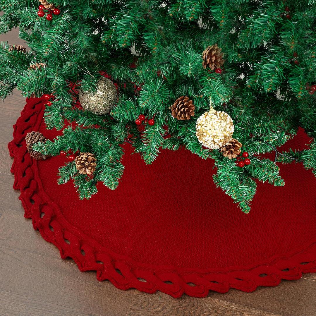 Mr. Pen- Small Christmas Tree Skirt, 24", Red Knitted Christmas Skirt Tree, Xmas Tree Skirt