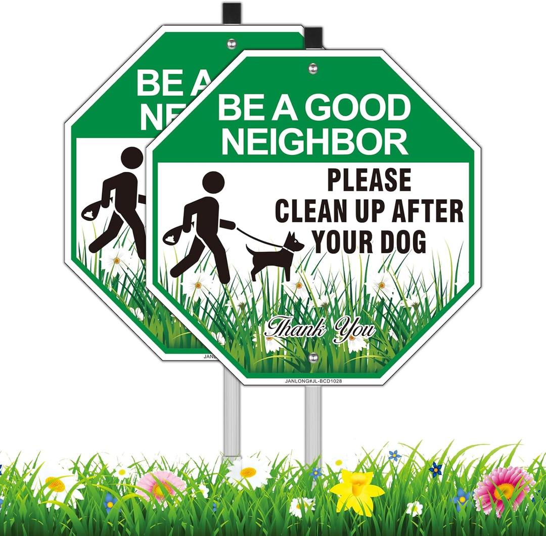 Clean Up After Your Dog Sign with Stake, 2 Pack 10"W x 28"H Aluminum Be A Good Neighbor, Pick Up After Your Dog Sign for Yard, No Poop Lawn Sign, UV Protected & Waterproof, Easy to Install