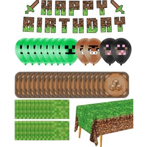 Pixel Party Birthday Decorations - Serves 20 | Miner theme Party Supplies Includes Balloons, Birthday Banner, Plates, Tablecover, Napkins