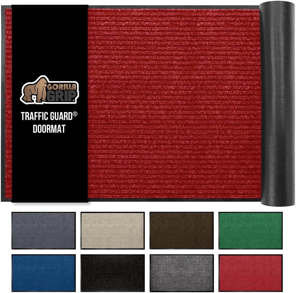 GORILLA GRIP Traffic Guard Door Mat, Heavy Duty Welcome Mats, Commercial Office Space Doormat, Waterproof, Fade Resistant, Strong Rubber Backing, Low Profile, Shoe and Boot Scraper, 35x23, Red