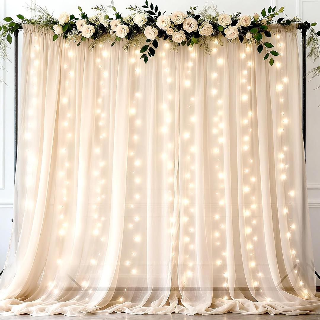 Ledido 1010ft Beige Tulle Backdrop Curtains with Lights String - 300LED Fairy Lights Sheer Curtain Backdrop for Wedding Baby Shower Photo Shoot Birthday Party Decoration(2 Panels 510ft)Beige
