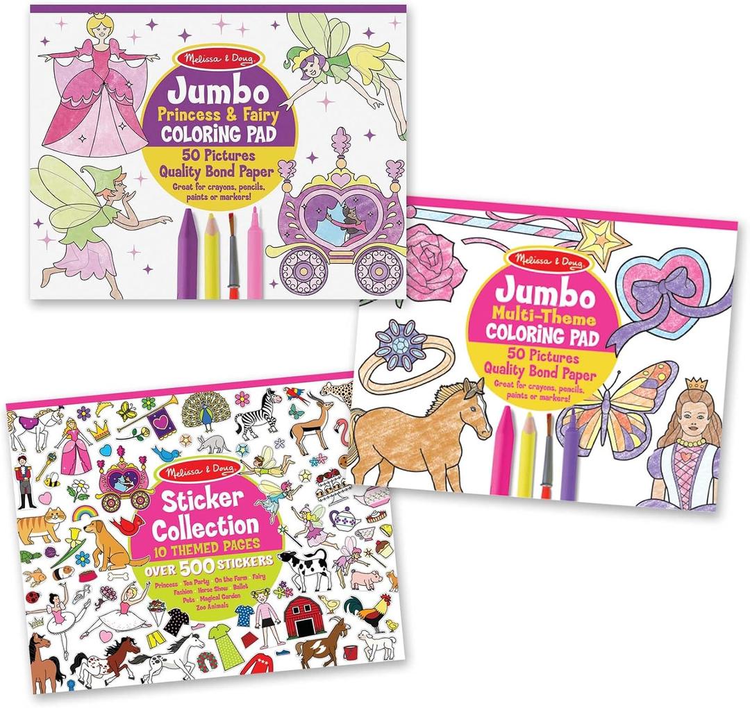 Melissa & Doug Sticker Collection and Coloring Pads Set: Princesses, Fairies, Animals, and More Kids Arts and Crafts, Sticker Books, Coloring Books for Kids Ages 3+ - FSC Certified