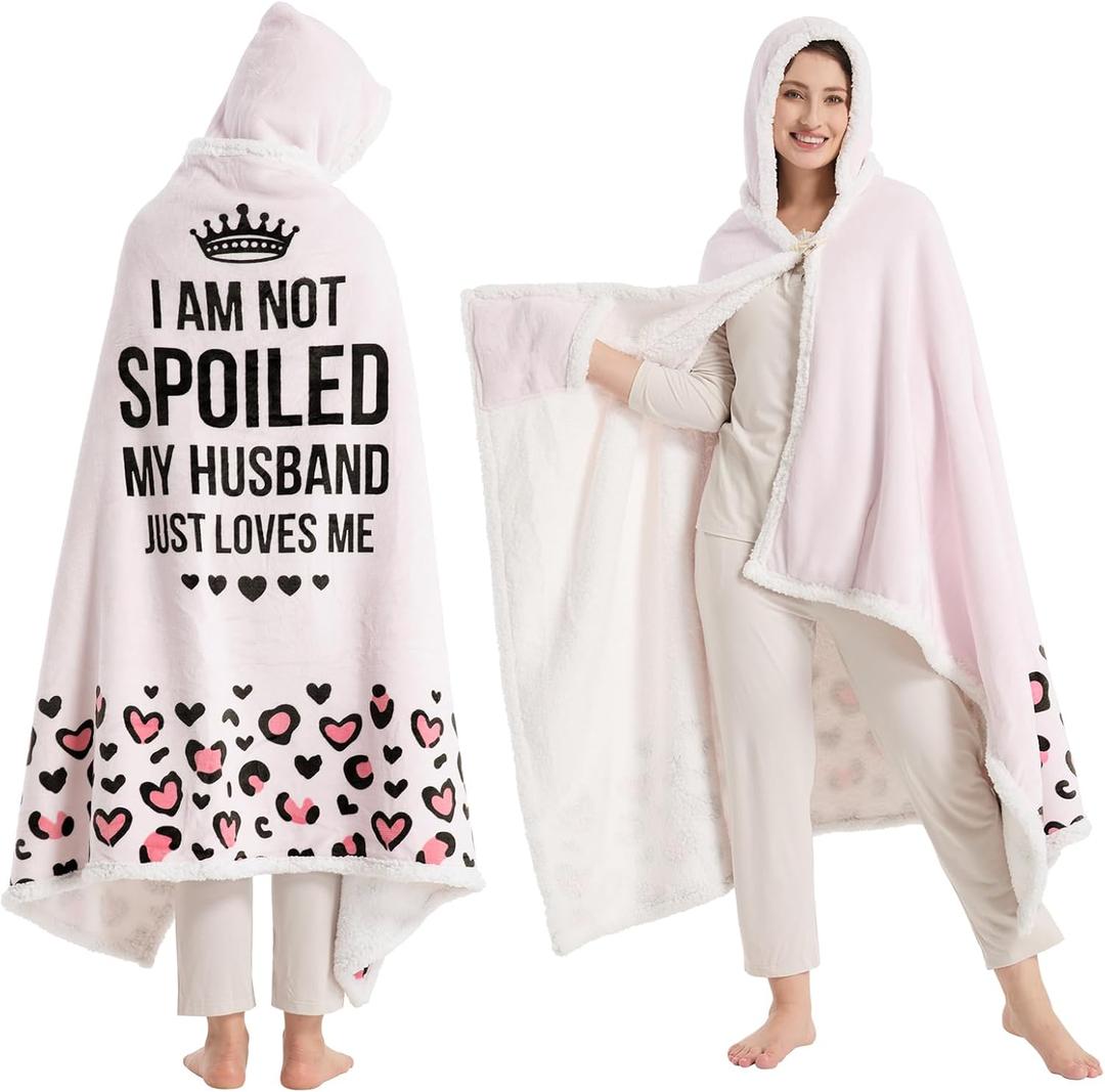 Spoiled Wife Wearable Blanket Hoodie, Valentines Day Gifts for Her Wife Women from Husband, Mothers Day Birthday Ideas, Throw Blanket for Women Shawl Wraps Poncho Robe, Pinkish White
