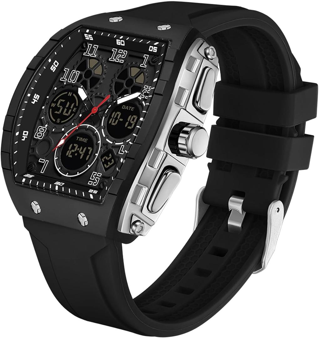 Watches for Men Unique Rectangle Relojes para Hombres White Wristwatch with Digital Analog Dual Time Display Countdown Stopwatch Punk Cool Design 5ATM Waterproof (Silver)