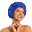 Reusable Shower Cap for Women, Large Waterproof Shower Essentials Bonnet Washable Elastic Band Bath Hair Wrap Hat for Long Hair, Braids(Dark Blue)