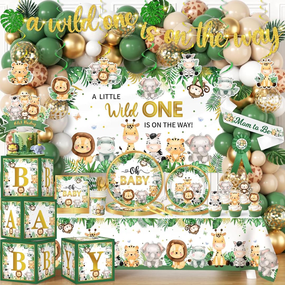 Safari Baby Shower Decorations,262pcs Wild Birthday Decorations Jungle Baby Shower Decorations Plates and Napkin Cups Backdrop Banner Tablecloth Balloons Garland Boxes, Serves 20