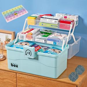 Household Medicine Box/Cabinet with a 7-Day Large Pill Organizer (three times a day) and a six-grid Pill Organizer, Large Capacity, Three-Tier Storage Area
