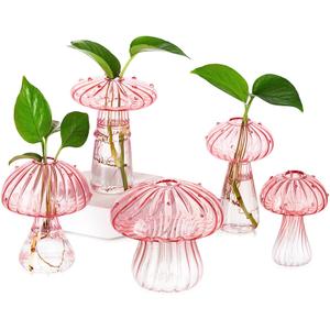 Hewory Mushroom Jars for Plants, 5pcs Pink Glass Mushroom Bud Vase for Flowers, Unique Plant Propagation Stations Propagating Vases Decor, Mini Cute Hydroponic Terrarium Planter for Indoor Planters