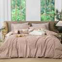 MooMee Gingham Duvet Cover Set 100% Washed Cotton Linen Like Textured Breathable Durable Soft Comfy Modern Checkered Design (Dark Orange Gingham, Oversized Queen 98"x98")