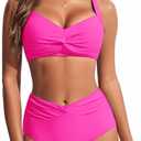 Hanna Nikole Women's High Waisted Bikini Sets, Tummy Control 2 Piece Swimsuits, Full Coverage Knot Front Bathing Suit M
