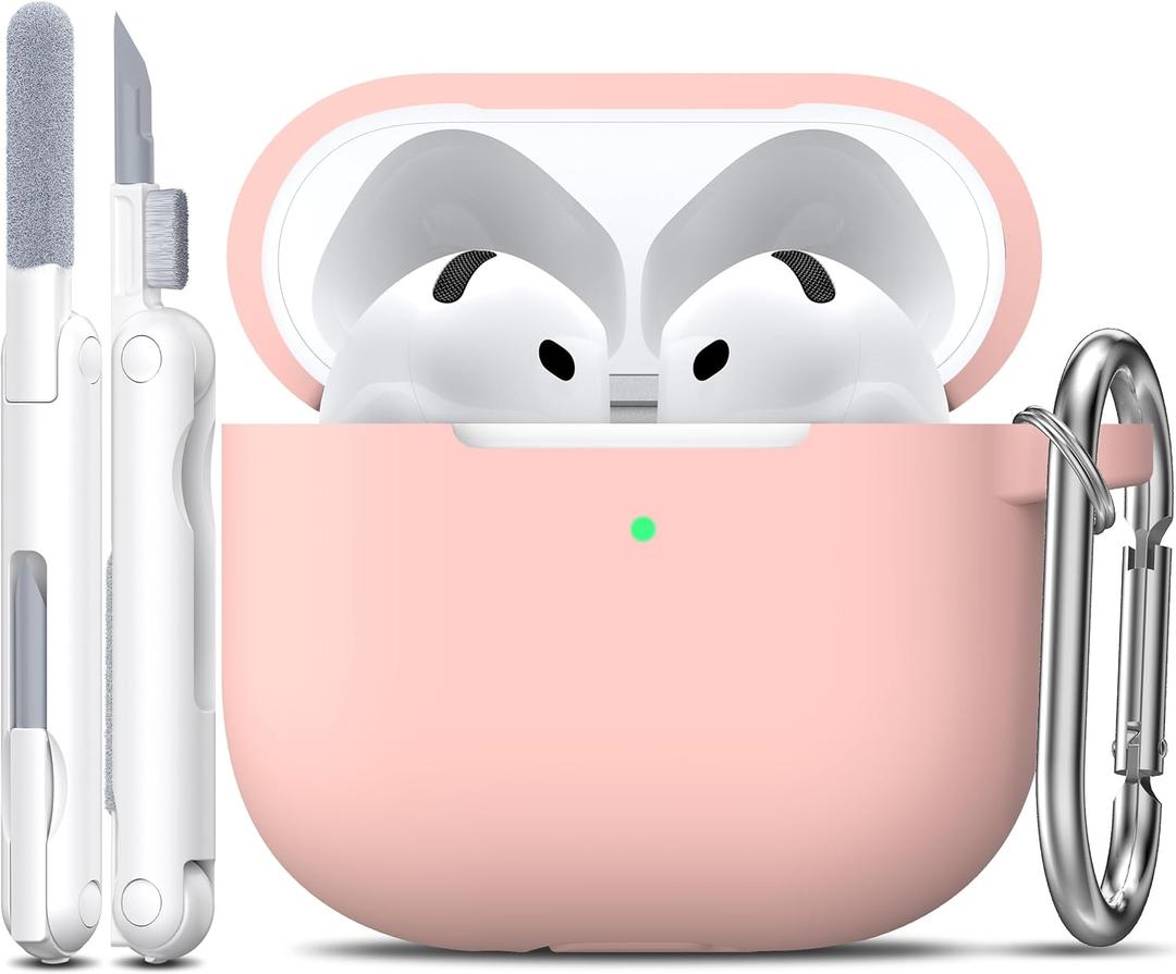 R-fun for AirPods 4 Case with Cleaner Kit,Full Protective Soft Skin Silicone Cover with Keychain for AirPods 4 Gen Case for Men Women,Compatible with Apple AirPods 4th Genaration Case 2024,Sand Pink