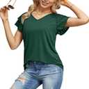 FREEOAK Summer Tops Double Lace Sleeve Shirts for Women V Neck Loose Casual Tee Tunics Dark Green M (M)