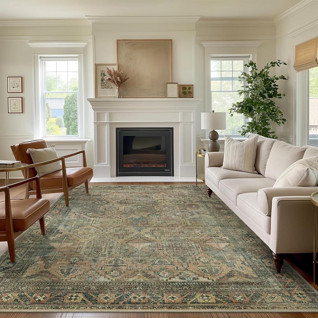 GENIMO 5x7 Area Rugs for Living Room, Machine Washable Low Pile Rugs, Chenille Non Slip Vintage Rug for Bedroom, Dining Room, Home Office, Blue Blush