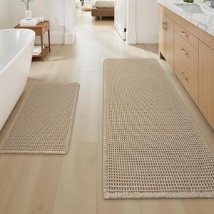 Upgraded Waffle Bath Mat Set of 2 Absorbent Bathroom Mat 18"x30" + 24"x48" | Brown, Quick Dry Non Slip Washable Bathroom Rugs 2 Pieces, Extra Soft Decorative Bath Rugs for Bathroom Floor, Beside Tub