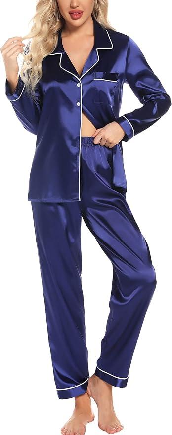 Leikar Silk Pajamas Long Sleeve Pajama Sets For Women Soft Button Down Pajamas Pj Set, Small