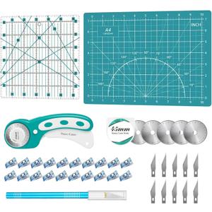 39 Pcs Rotary Cutter Set- Quilting Kit incl. 45mm Fabric Cutter with 5 Extra Blades, A4 Cutting Mat, 2 Craft Knife Set, Ideal for Crafting, Sewing, Patchworking Turquoise