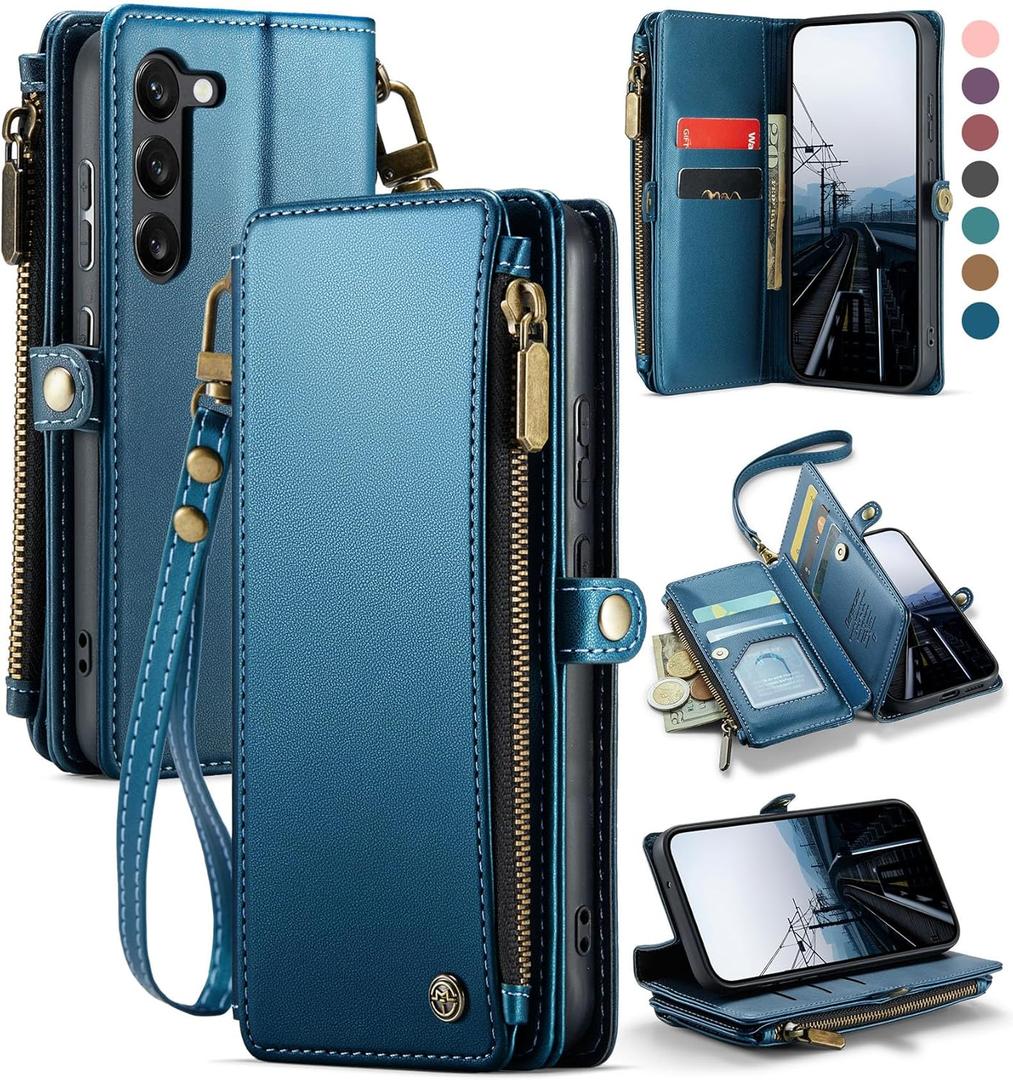 Defencase Compatible with Samsung Galaxy S23 Case Wallet with RFID Blocking Card Holder for Women Men, PU Leather Magnetic Snap Flip Zipper Strap Wallet Phone Case Fit for Galaxy S23 5G 6.1", Blue